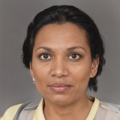 Joyful black adult female with short  brown hair and brown eyes