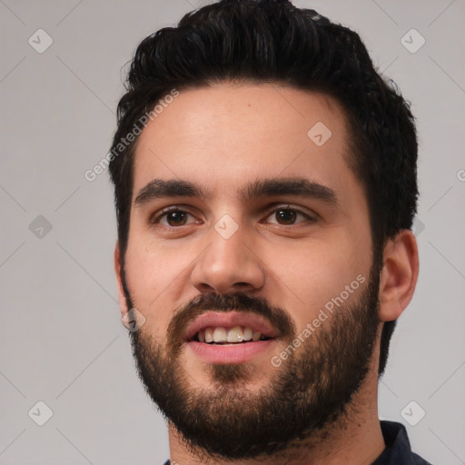 Neutral white young-adult male with short  black hair and brown eyes