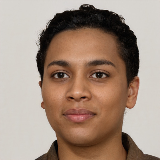 Neutral latino young-adult female with short  black hair and brown eyes