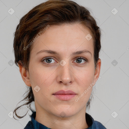 Neutral white young-adult female with medium  brown hair and grey eyes