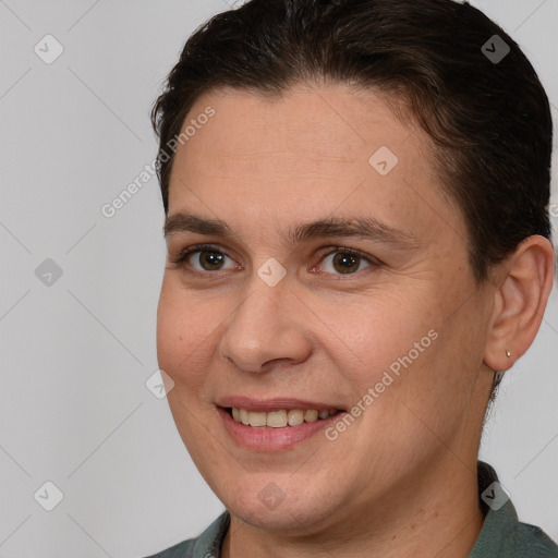 Joyful white young-adult female with short  brown hair and brown eyes