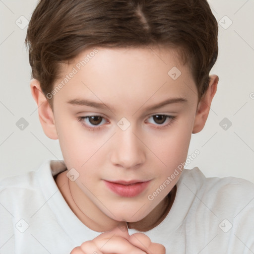 Joyful white child female with short  brown hair and brown eyes