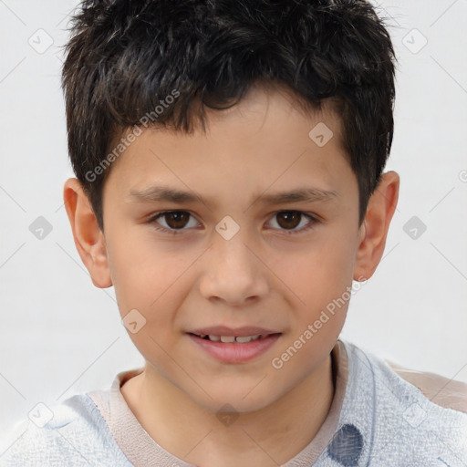 Joyful white child male with short  brown hair and brown eyes