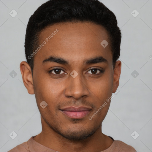 Neutral latino young-adult male with short  black hair and brown eyes