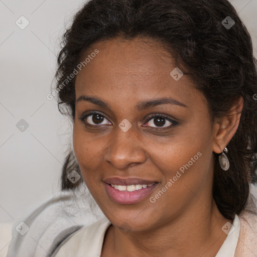 Joyful black young-adult female with medium  brown hair and brown eyes