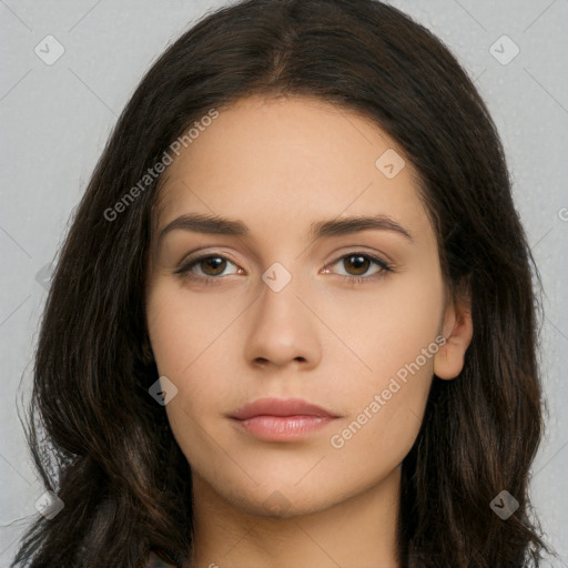 Neutral white young-adult female with long  brown hair and brown eyes