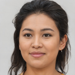 Joyful asian young-adult female with medium  brown hair and brown eyes