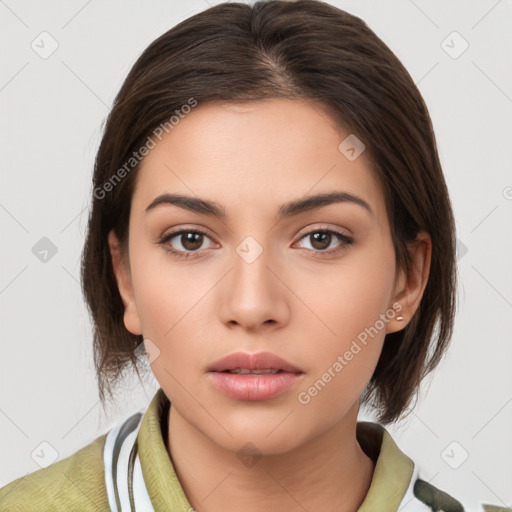 Neutral white young-adult female with medium  brown hair and brown eyes