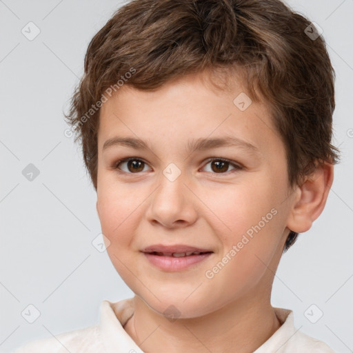 Joyful white child female with short  brown hair and brown eyes