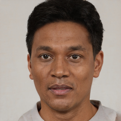 Neutral latino adult male with short  black hair and brown eyes