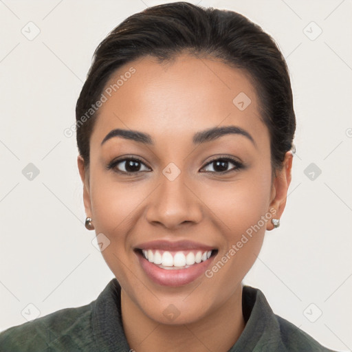 Joyful white young-adult female with long  brown hair and brown eyes