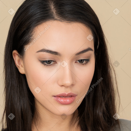 Neutral white young-adult female with long  brown hair and brown eyes