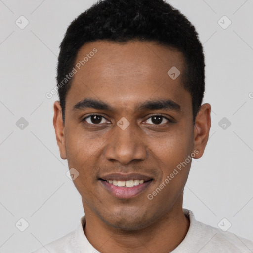 Joyful black young-adult male with short  black hair and brown eyes