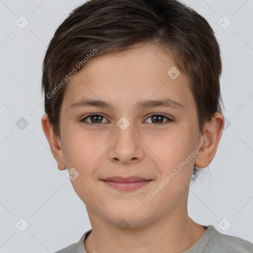 Joyful white child female with short  brown hair and brown eyes