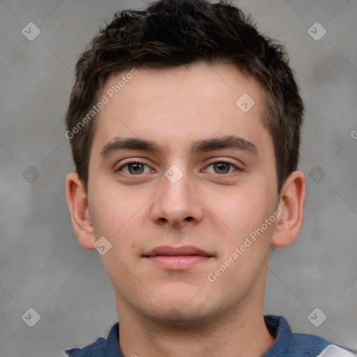 Neutral white young-adult male with short  brown hair and brown eyes