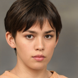 Neutral white young-adult female with short  brown hair and brown eyes