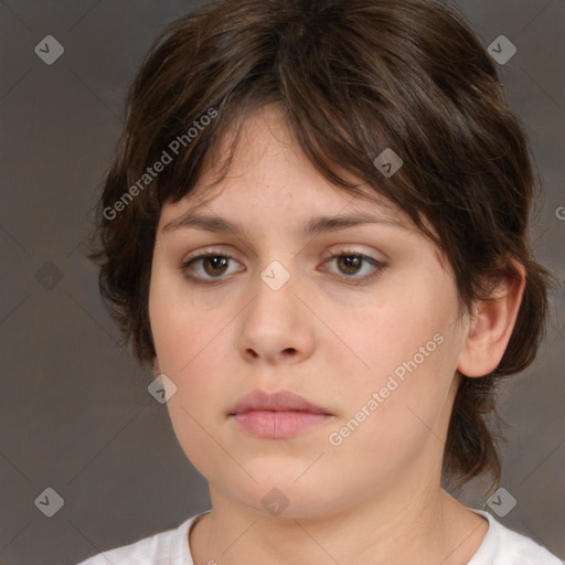 Neutral white young-adult female with medium  brown hair and brown eyes