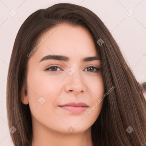 Neutral white young-adult female with long  brown hair and brown eyes