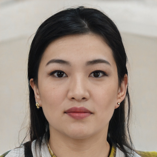 Neutral white young-adult female with medium  black hair and brown eyes