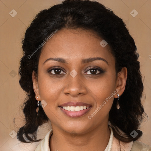 Joyful black young-adult female with medium  brown hair and brown eyes