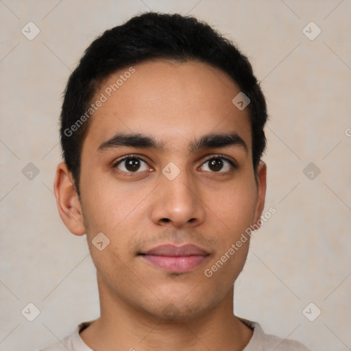 Neutral latino young-adult male with short  black hair and brown eyes