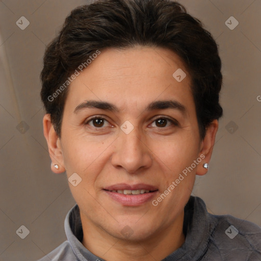 Joyful white adult female with short  brown hair and brown eyes