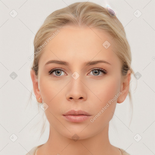 Neutral white young-adult female with medium  brown hair and brown eyes