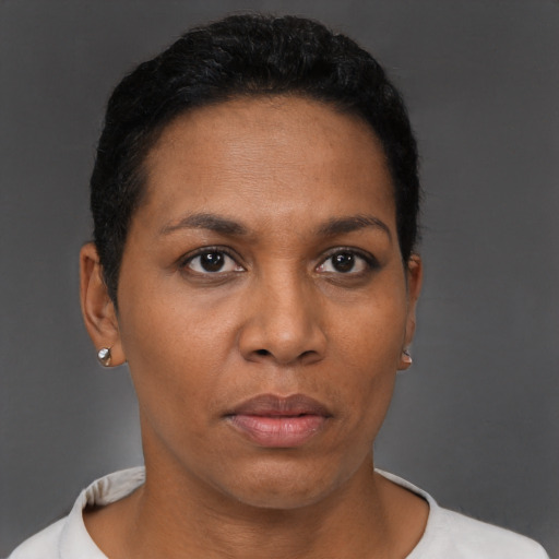 Neutral black adult female with short  black hair and brown eyes