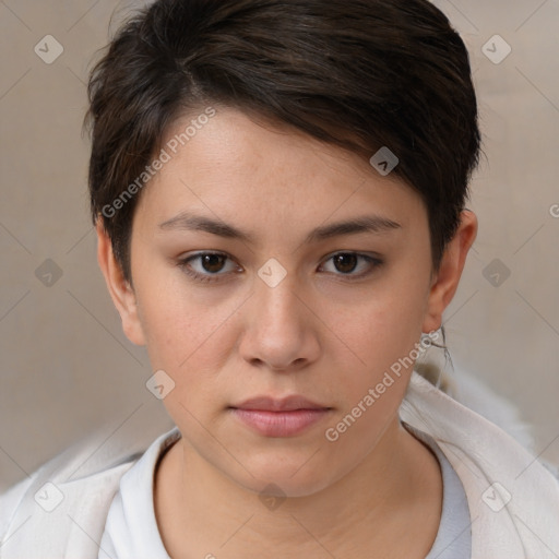 Neutral white young-adult female with short  brown hair and brown eyes