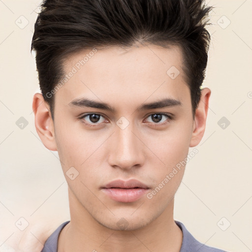 Neutral white young-adult male with short  brown hair and brown eyes