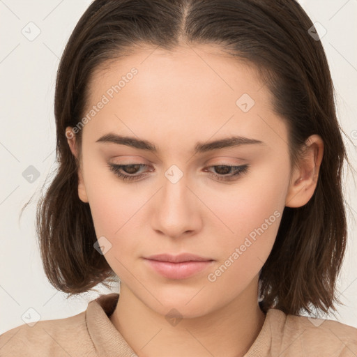 Neutral white young-adult female with medium  brown hair and brown eyes