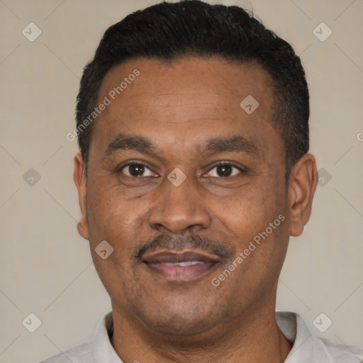 Joyful latino adult male with short  black hair and brown eyes