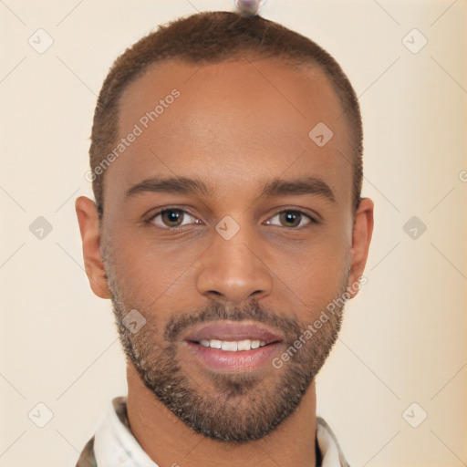 Neutral white young-adult male with short  brown hair and brown eyes