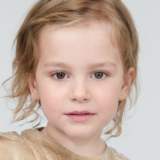 Neutral white child female with medium  brown hair and blue eyes