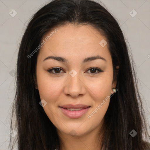 Joyful asian young-adult female with long  brown hair and brown eyes