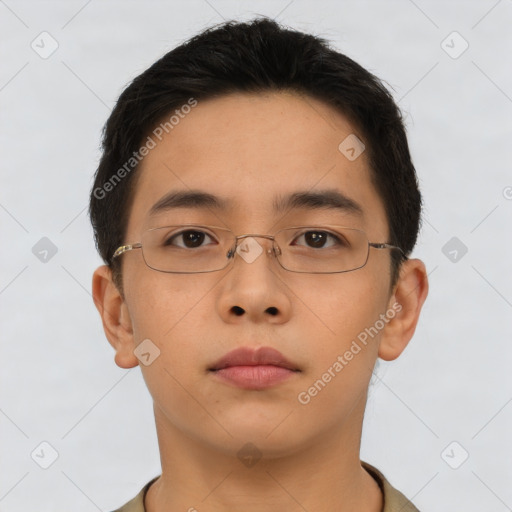 Neutral asian young-adult male with short  brown hair and brown eyes