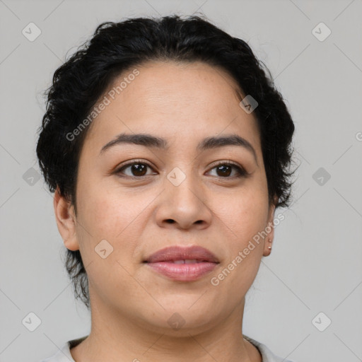 Joyful latino young-adult female with short  brown hair and brown eyes