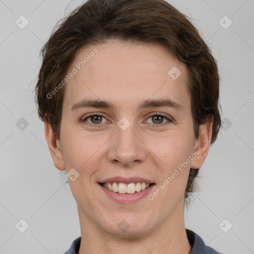 Joyful white young-adult female with short  brown hair and grey eyes