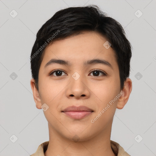Joyful latino young-adult female with short  brown hair and brown eyes