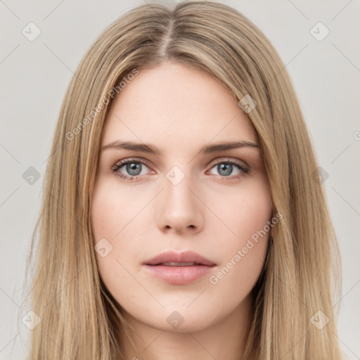 Neutral white young-adult female with long  brown hair and brown eyes