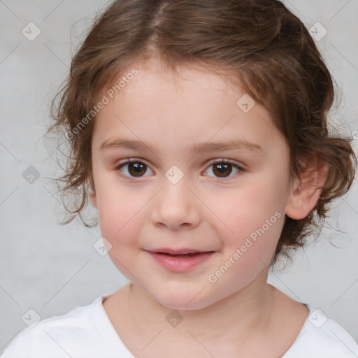 Joyful white child female with medium  brown hair and brown eyes