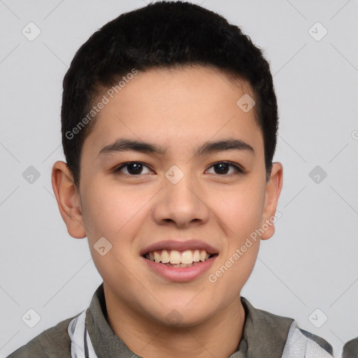 Joyful latino young-adult male with short  brown hair and brown eyes