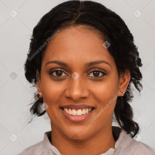 Joyful black young-adult female with medium  black hair and brown eyes