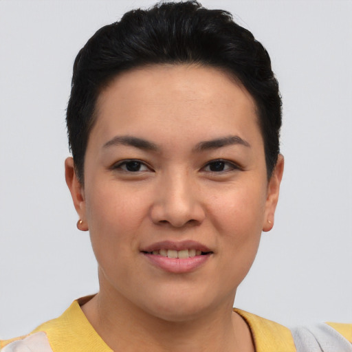 Joyful asian young-adult female with short  brown hair and brown eyes