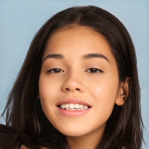 Joyful asian young-adult female with long  brown hair and brown eyes