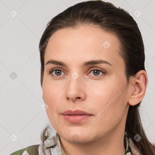 Neutral white young-adult female with medium  brown hair and brown eyes