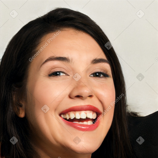 Joyful white young-adult female with long  black hair and brown eyes