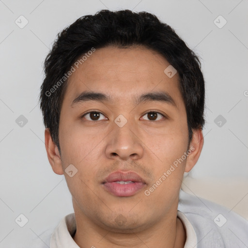 Neutral asian young-adult male with short  black hair and brown eyes