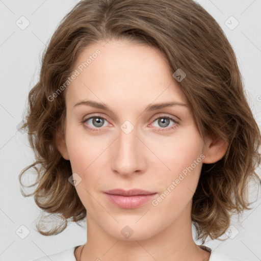 Neutral white young-adult female with medium  brown hair and grey eyes