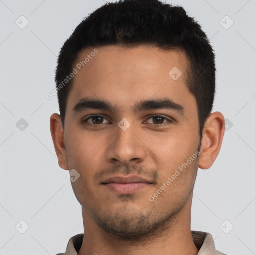 Neutral latino young-adult male with short  black hair and brown eyes